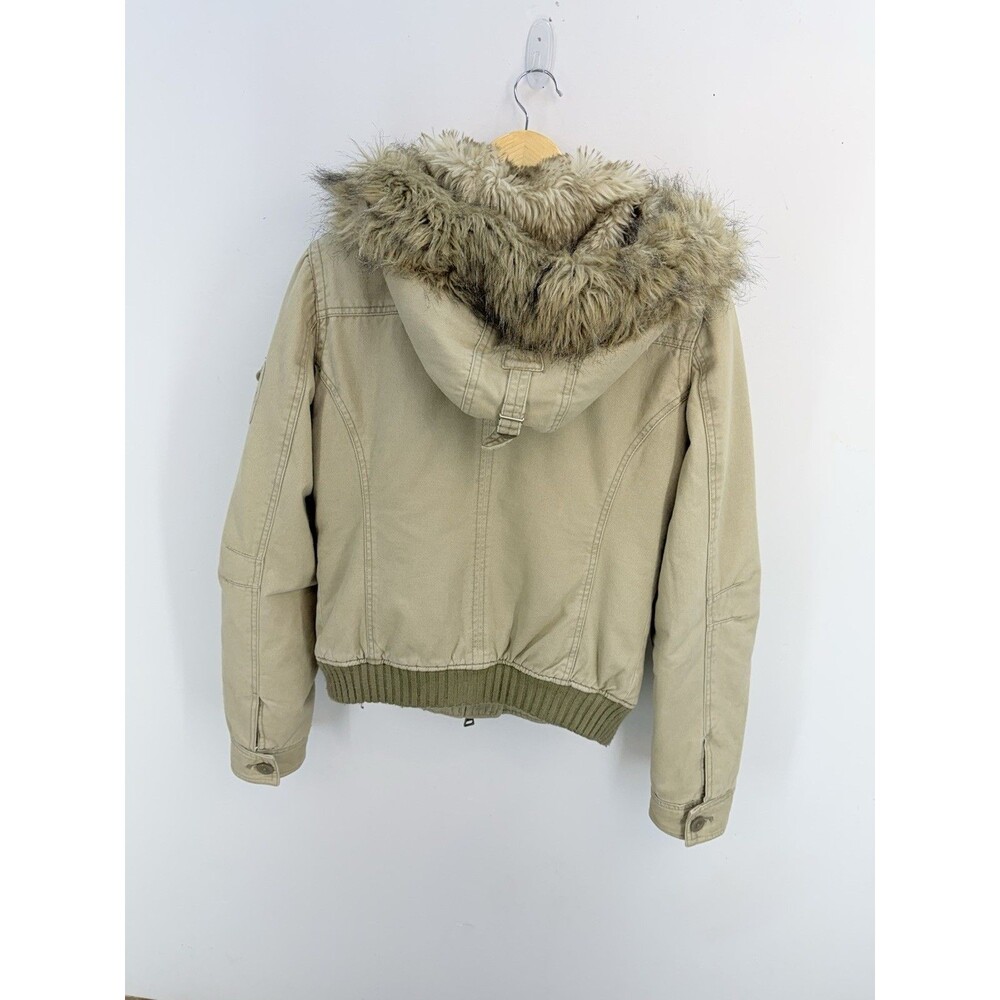 Vtg Y2K Abercrombie & Fitch Faux Fur Hooded Bomber Jacket Women Size Large - Picture 2 of 16